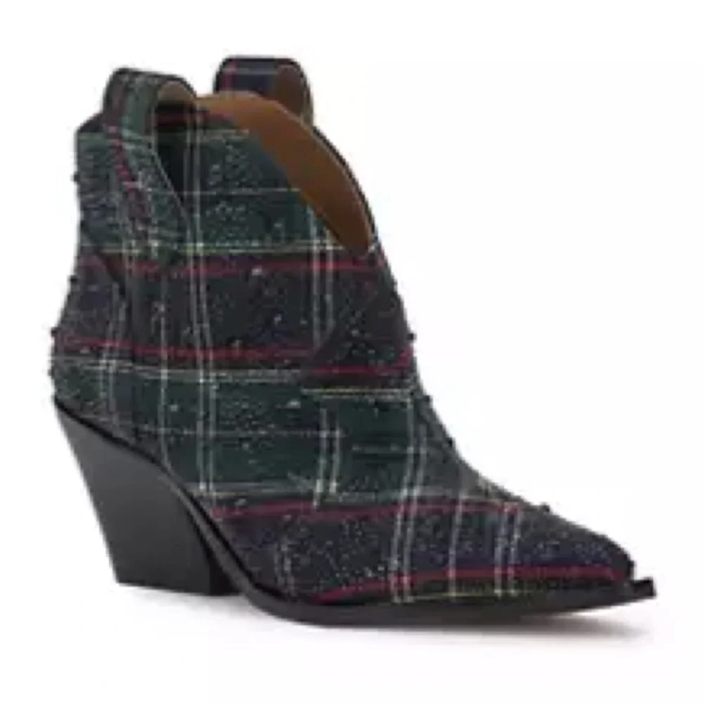 New Jessica Simpson Zadie Rhinestone Plaid Tartan Ankle Boots Western Sz 5.5